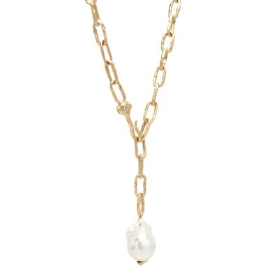 18K Gold Plated Natural Freshwater Baroque Pearl Necklace with Chunky Chain and CZ
