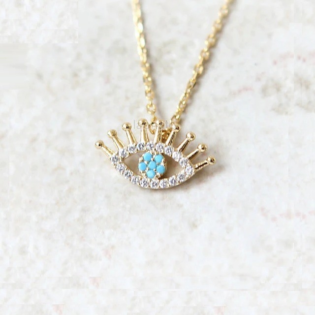 925 Sterling zilver Micro Pave Clear CZ en Turquoise Evils Ogen Hanger Halsketting Halskettingen