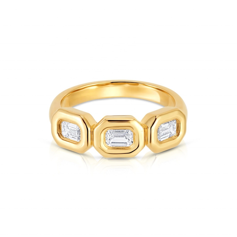 Handgemaakte zilveren drievoudige smaragd ring met AAA Zircon Stone en 14K Gold Bezel Setting