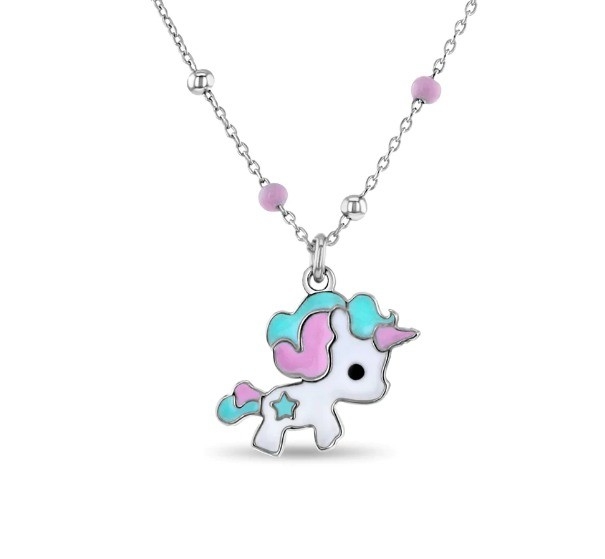 Kinderen Emaille Eenhoorn Hanger Ketting 925 Sterling Zilver Wit Goud