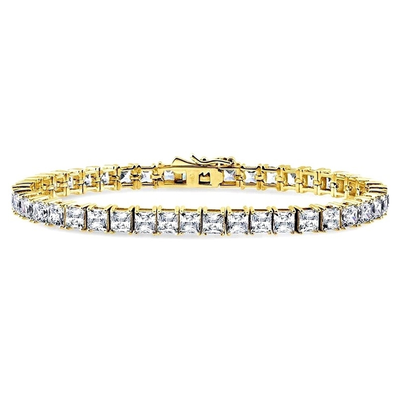 Unisex handgemaakte 18k goud hip hop ijzige vierkant gesneden diamant CZ 925 sterling zilver stapel tennis armband