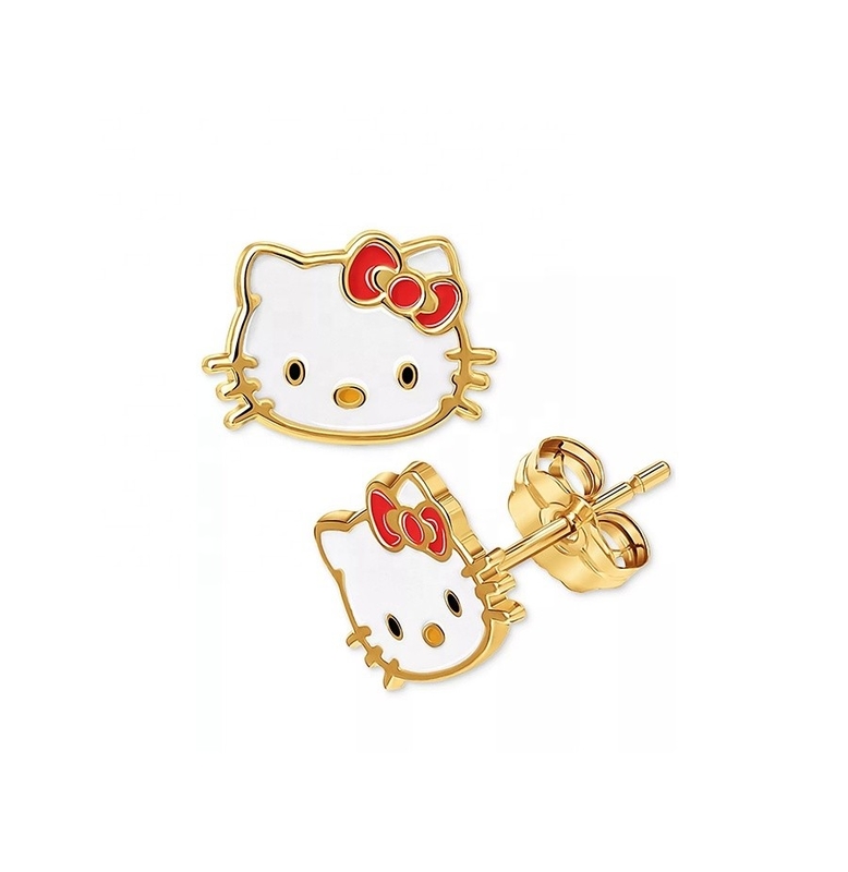 18K goud geplatte Hello Kitty glazuur stud oorbellen voor meisjes in 925 sterling zilver