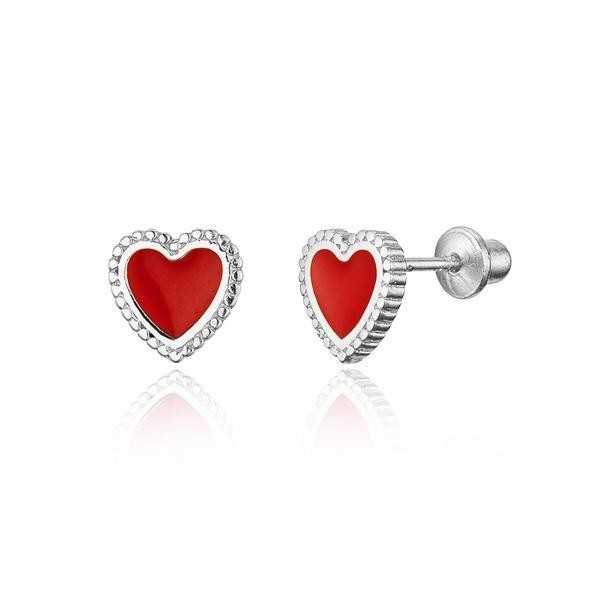 Kinderen veilig schroef rug oorbellen in 925 Sterling zilver met kleine rode glazuur hart