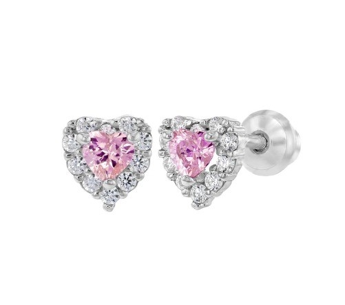 Rozen goud geplatte hart roze CZ schroef terug stud oorbellen voor kinderen in 925 sterling zilver