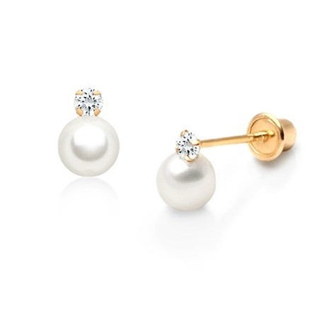 Kinders Juwelen Pearl Drop oorbellen met schroef terug en wit CZ in 925 Sterling zilver