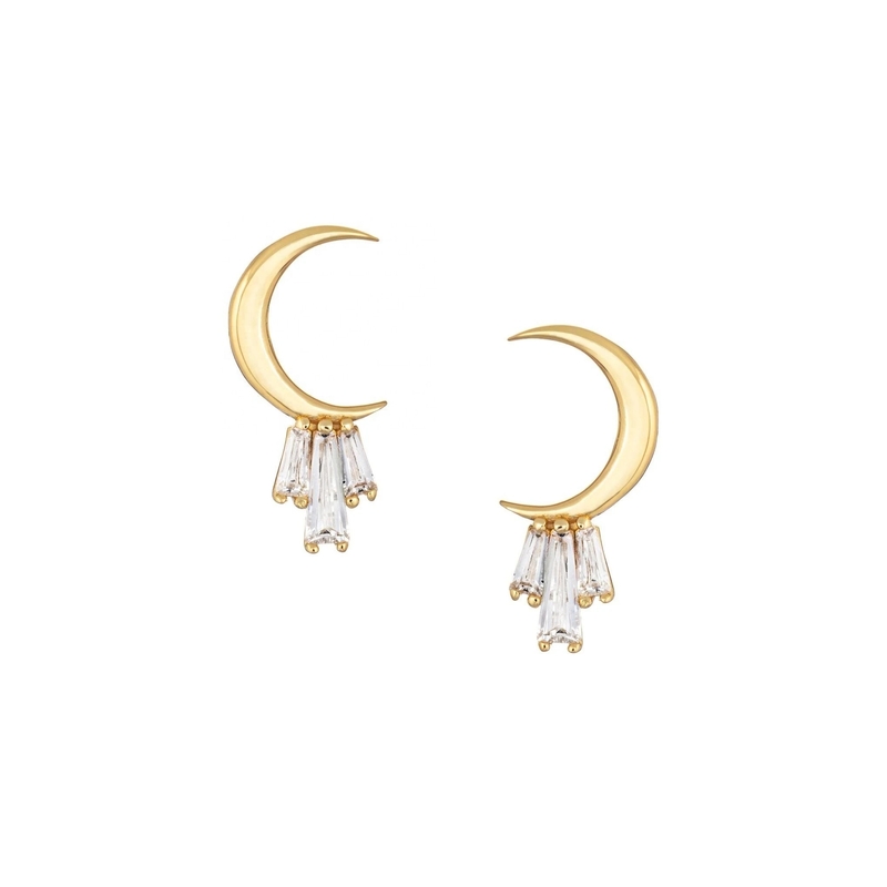 18K goud geplatte 925 Sterling zilver baguette Moon Stud oorbellen voor vrouwen AAA CZ steen