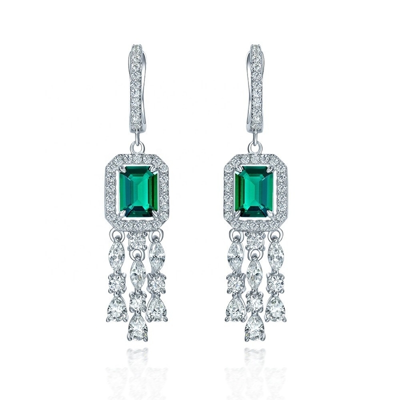 Echt Sterling Zilver 925 Groen Baguette CZ Diamant Lange Hoop oorbellen voor Unisex Wear