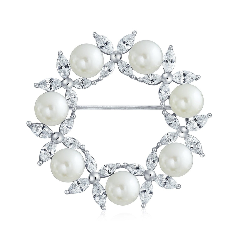 Goud geplatte blad cirkel witte parel broche 925 zilver luxe broches voor vrouwen