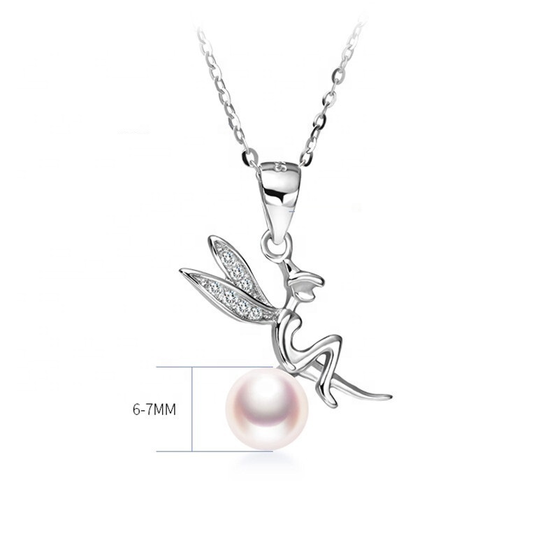 Handmade 925 Sterling Silver Pearl Inlay Angel Charm Pendant Necklace with Custom Logo Service