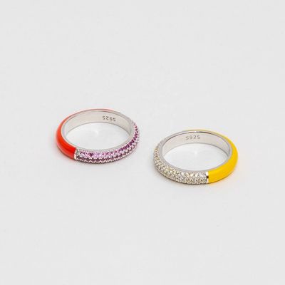 Elegante 925 Sterling Zilver 18k Geelgoud Half Zirkoon Half Emaille Ring