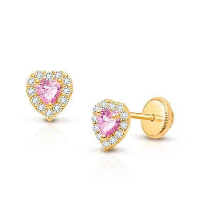 925 Sterling Zilver Hartvormige Roze & Witte CZ Stud Oorbellen met Pavé Zetting voor Kinderen's Fijne Sieraden