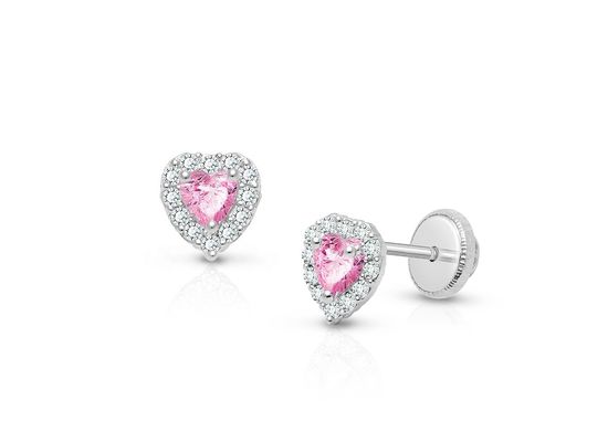 925 Sterling Zilver Hartvormige Roze & Witte CZ Stud Oorbellen met Pavé Zetting voor Kinderen's Fijne Sieraden