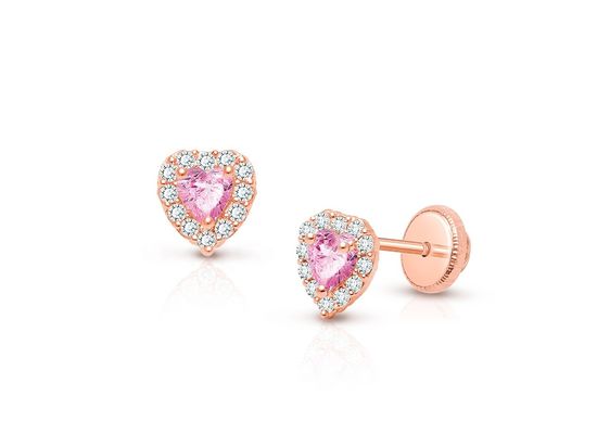 925 Sterling Zilver Hartvormige Roze & Witte CZ Stud Oorbellen met Pavé Zetting voor Kinderen's Fijne Sieraden