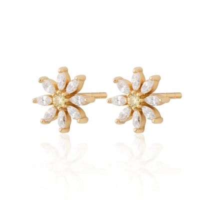 925 Sterling Zilver 18K Vergulde Bloemontwerp Stud Oorbellen met Marquise Slijpsel en Klauwzetting