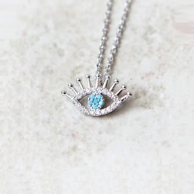 925 Sterling zilver Micro Pave Clear CZ en Turquoise Evils Ogen Hanger Halsketting Halskettingen