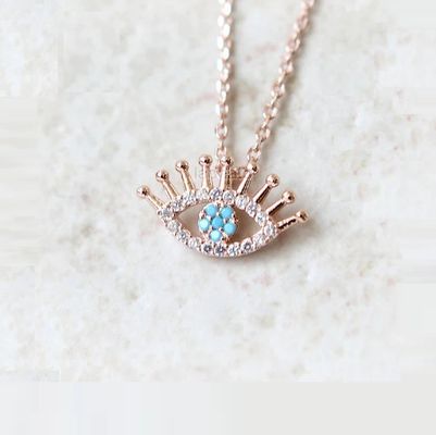 925 Sterling zilver Micro Pave Clear CZ en Turquoise Evils Ogen Hanger Halsketting Halskettingen