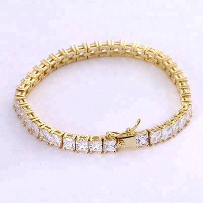 Unisex handgemaakte 18k goud hip hop ijzige vierkant gesneden diamant CZ 925 sterling zilver stapel tennis armband