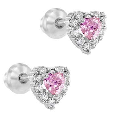 Rozen goud geplatte hart roze CZ schroef terug stud oorbellen voor kinderen in 925 sterling zilver