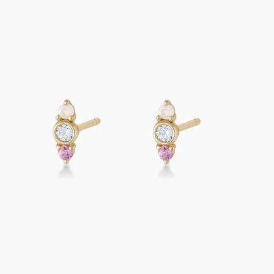 Witte opaal en roze saffier CZ stuw oorbellen Drie stenen kubische zirconia stuw