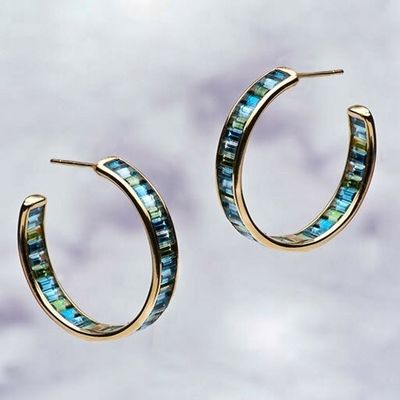 Juwelen Hoofdmateriaal Zilveren baguette Blauw en groen Topaz Stud Hoops voor klassieke stijl
