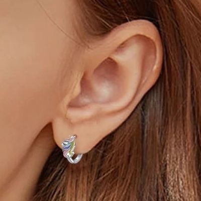 Rhodium bekleed eenhoorn kleurrijke glazuur Huggies oorbellen voor tieners Mode sieraden