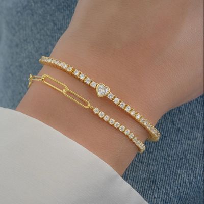 925 Sterling Zilver 14K Verguld Hart Tennisarmband met Zirkonia