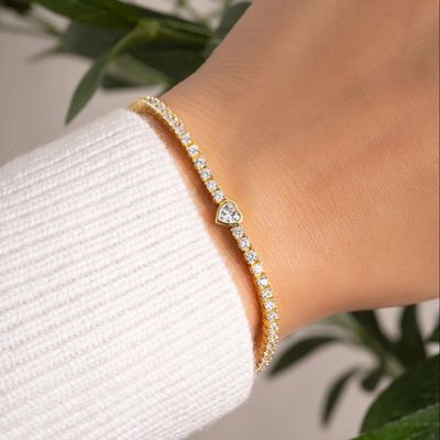 925 Sterling Zilver 14K Verguld Hart Tennisarmband met Zirkonia