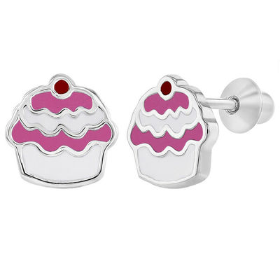 Cupcake Roze Emaille 925 Sterling Zilver Schroef Sluiting Kinder Oorbellen Sieraden