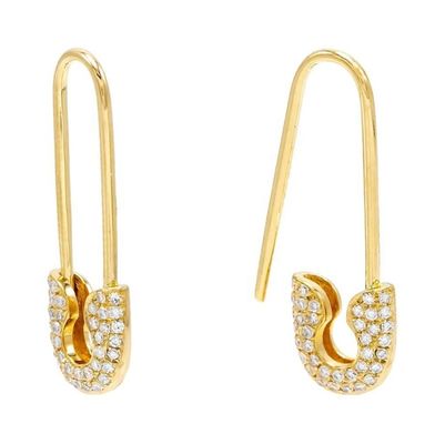 925 Sterling Silver Paperclip Hoop Earrings with Pave Zircon and Safety Pin Design for Women